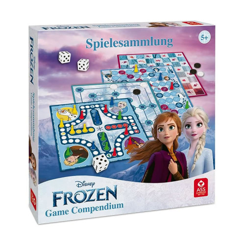 Set 25 jocuri de societate, Game Compedium - Frozen, 4 planse dimensiuni 26 x 26 cm, 16 pioni, 24 jetoane, 5 zaruri